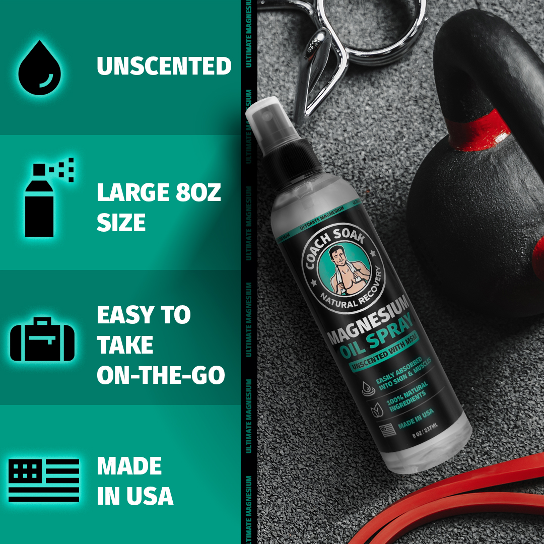Ease tension fast with Coach Soak Magnesium Oil Spray—pure magnesium, pure comfort.