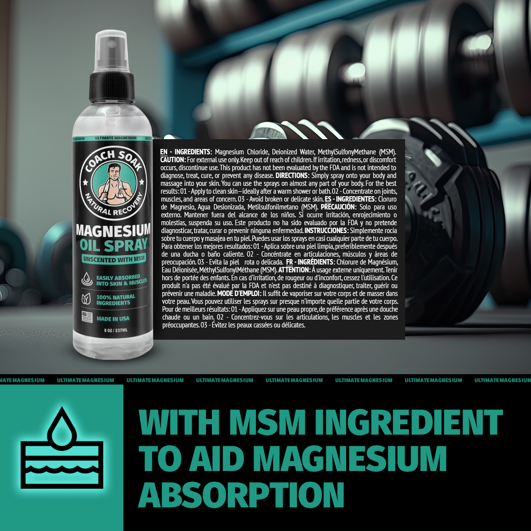 Fast-absorbing Coach Soak Magnesium Oil Spray eases soreness and hydrates your skin.