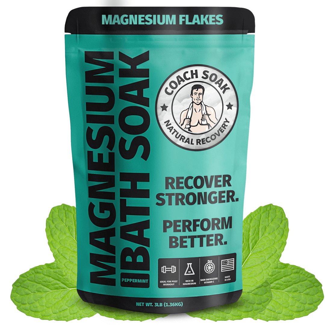 Coach Soak Magnesium Bath Soak relaxes the body and restores muscles with magnesium flakes, Dead Sea salt, and calming essential oils.
